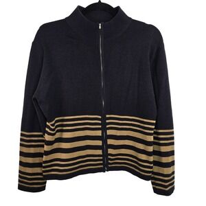 Harve Bernard Full Zip Long Sleeve Wool Blend Sweater Black Brown Striped Medium